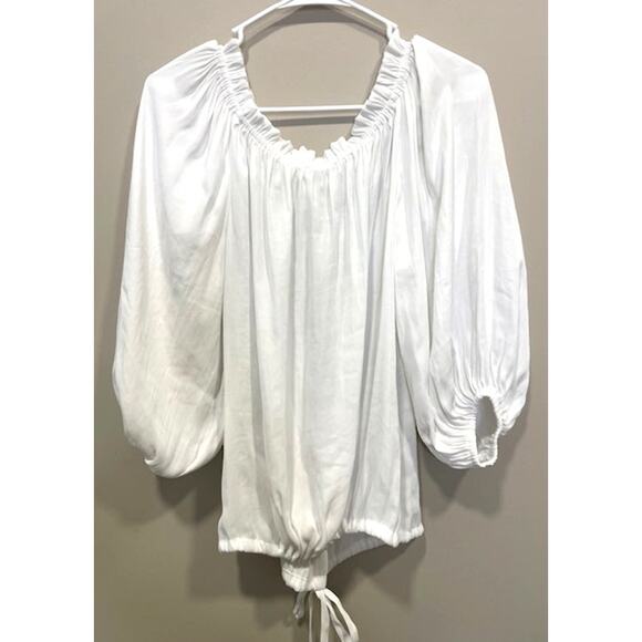 Alice & Trixie by Angela George White Cinch Waist Bubble Sleeve Blouse Sz Small - Picture 3 of 8